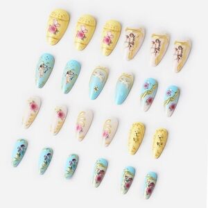 Hand-Painted Floral & Cherub Press-On Nails - Yellow, Blue, Cream
